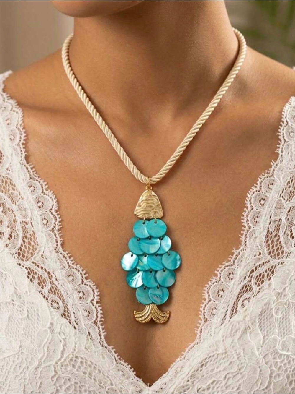 Turquoise Fish Pendant Necklace - Gold Rope Chain